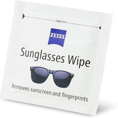 Front view of a ZEISS Sunglasses Wipe packet; white pouch with blue ZEISS logo and sunglasses image