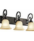 Three Light Vanity Bath Fixture In Old Bronze Finish With Light Umber Etched Glass Shades 11.5 Inch High 24 Inch Wide 8 Inch Extension