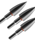 Close-up of stainless steel archery field points screw in 5/16 inch showing threaded ends for consistent flight and target precision
