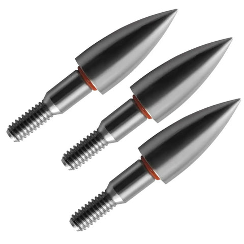 Close-up of stainless steel archery field points screw in 5/16 inch showing threaded ends for consistent flight and target precision