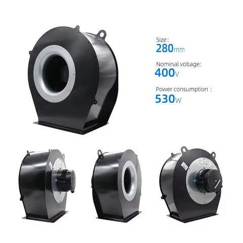 G3G280Br04M7 Bad Boy Centrifugal Fan With Slick Brushless Servo Motor, 280mm size, 400V voltage, used for industrial ventilation.