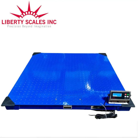 Heavy Duty Floor Scale With Digital Indicator Built Like A Tank For Warehouse Shipping And Medium Duty Industrial Weighing Massive Forty Eight By Forty Eight Inch Pallet Platform Deadlift Ready 10000 Pound Capacity Gangpack Of Eight blue steel platform with digital readout.