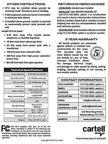 CP-4 Smart Driveway Free Exit Wand Sensor System installation and warranty guide, including contact information and specifications.