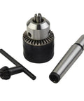 High Quality Rock Solid One Half Inch Drill Chuck With Secure Morse Taper Two Mounting Comes With Key For Precise Metal Or Wood Drilling On Lathe Tailstock Built For Serious Shop And Garage Use Making Your Work Simple And Fast To Handle, steel chuck with key and Morse taper adapter