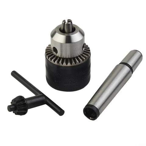 High Quality Rock Solid One Half Inch Drill Chuck With Secure Morse Taper Two Mounting Comes With Key For Precise Metal Or Wood Drilling On Lathe Tailstock Built For Serious Shop And Garage Use Making Your Work Simple And Fast To Handle, steel chuck with key and Morse taper adapter