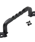6 Inch Rustic Black Cabinet Hardware Twist Handle Pull With 128mm Hole Centers, Solid Steel Construction, shown with screws