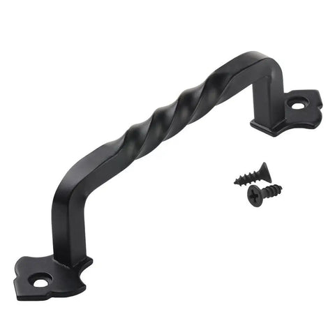 6 Inch Rustic Black Cabinet Hardware Twist Handle Pull With 128mm Hole Centers, Solid Steel Construction, shown with screws