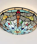 Stained Glass Tiffany Style Cozy Ceiling Light Fixture 3 Lights 16 Inch Flush Mount With Brown Dragonfly Motif for Bedroom