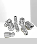 Front view of eight 3/8 inch pressure washer quick-connect fittings, chrome-plated metal with male and female threads