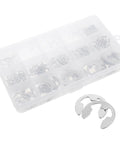Premium Assorted Circlip Kit 400pcs Stainless Steel Retaining Rings 1.5 To 15mm Heavy Duty Black Oxide Finish, displayed in a compartment box.