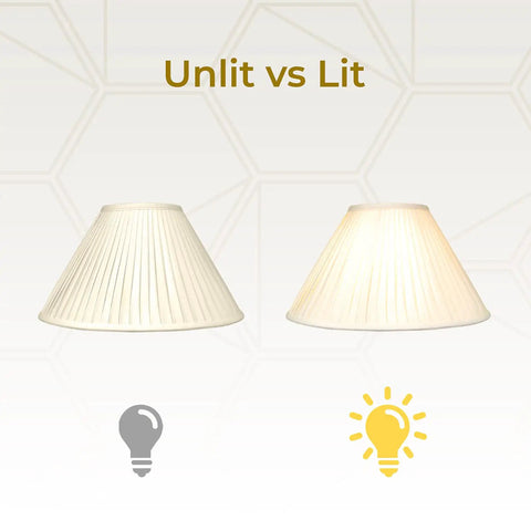 Beige Empire Side Pleat Lamp Shade 7 Inch Top 20 Inch Bottom 12 One Half Inch Height For Table Lamps unlit vs lit view