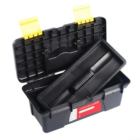 10 Inch Plastic Toolbox With Dual Layer Organization, open view of interior compartments, portable for electricians and carpenters