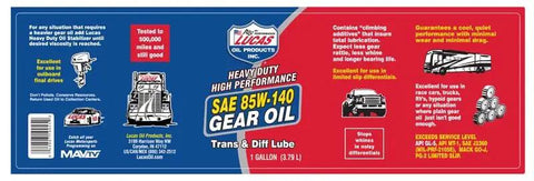 Heavy Duty 85W-140 SAE Gear Lubricant One Gallon Jug showing product information and features for trucks and rear differentials.