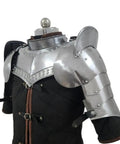 Iron Armor Gorget Set With Pauldrons And Spaulders For Medieval Cosplay, Steel Finish Costume Armor on mannequin display