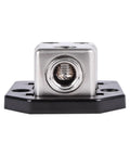 Power Distribution Block For Car Audio With 1/0 Or 4 AWG In Dual 4/8 AWG Out Solid Zinc Alloy For Maximum Conductivity Premium Block Cover Reducers Included Heavy Duty Mounting Block For Clean Wiring And Safe Install, front view