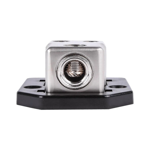 Power Distribution Block For Car Audio With 1/0 Or 4 AWG In Dual 4/8 AWG Out Solid Zinc Alloy For Maximum Conductivity Premium Block Cover Reducers Included Heavy Duty Mounting Block For Clean Wiring And Safe Install, front view
