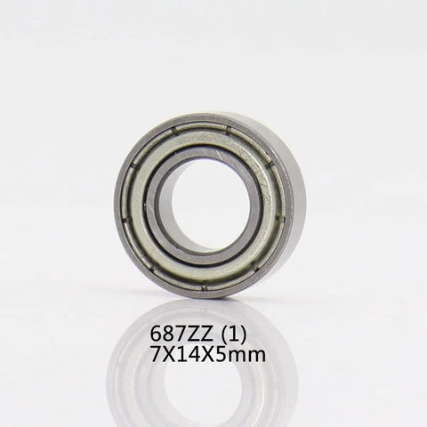 Close-up view of a 7x14x5mm 687ZZ bearing, part of the Three Piece Fishing Reel Bearing Kit For Shimano Ultegra 3000 4000 5000 Models Includes Eight By One, Thirty Four By One, Fifty One By One Deep Groove Chrome Steel 52100 Bearings A RB Bearing Kit.
