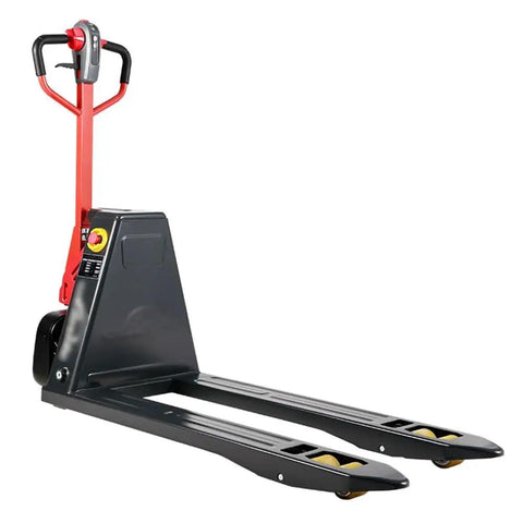 Premium Full Electric Pallet Jack With Lithium Power Truck For Warehouse And Supermarket Material Handling, 3300 LBS Capacity Industrial Pump Jack, Walkie Style Lift, Smooth Operation Indoor Toter with visible control handle.