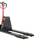 Heavy Duty Electric Pallet Jack With Lithium Battery Powered For Warehouse Moves And Superstock Loads That Hit 3300 Lbs On Silent Wheels And Durable Alloy Steel Frame in black with red handle.