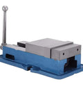 Badass Heavy Duty Workbench Vise With Lockdown Precision Clamping Plus Ultra Hard Steel Jaw For Milling Machines And Drill Presses, blue base, sturdy design.