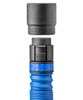 Click Connect Flexi Port Two And A Half Inch Fitting Adapter For Dust Collection Easy Install No Fuss Ready Mount Durable Dust Collector Fittings Secure Accessory For Router Table Fence Dust Port Dado Dust Chute And More showing a black and blue corrugated adapter