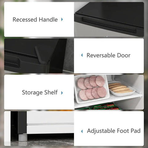 Compact Upright Mini Freezer With 3.0 Cubic Feet Capacity And Reversible Door For Dorm Life Apartments RV Trips And Office Setups features recessed handle, storage shelf, adjustable foot pad.