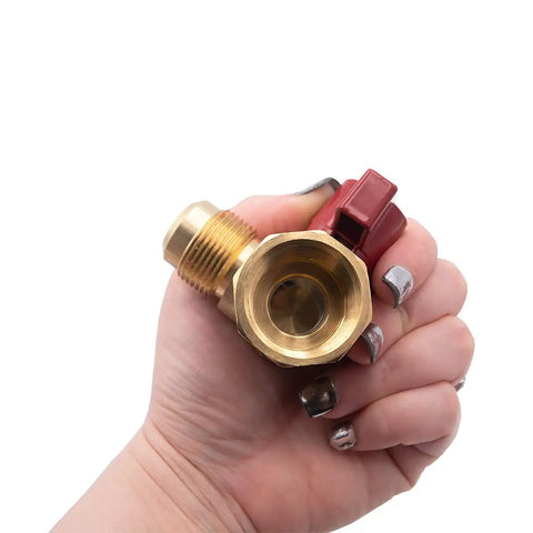 Hand holding Gas Connector Shut Off Angle Valve Five Eighth Inch OD Flare With Fifteen Sixteenth By Sixteen Thread To Three Quarter Inch FIP 90 Degree Valve Factory Leak Tested Ideal For Kitchen Appliances Clothes Dryers And Water Heaters, showing brass construction and red lever