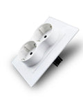 Sleek Dual European Wall Socket Featuring Heavy Duty Tempered Glass Panel And Built In Child Safety Shutters Slick Gold Plate For Sharp Modern Interiors And Effortless Daily Plugging, close-up angle.