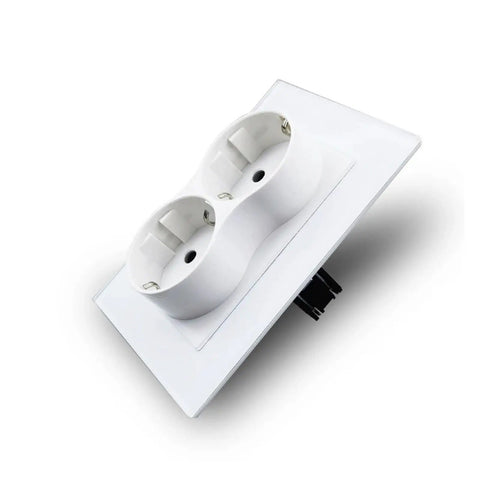 Sleek Dual European Wall Socket Featuring Heavy Duty Tempered Glass Panel And Built In Child Safety Shutters Slick Gold Plate For Sharp Modern Interiors And Effortless Daily Plugging, close-up angle.