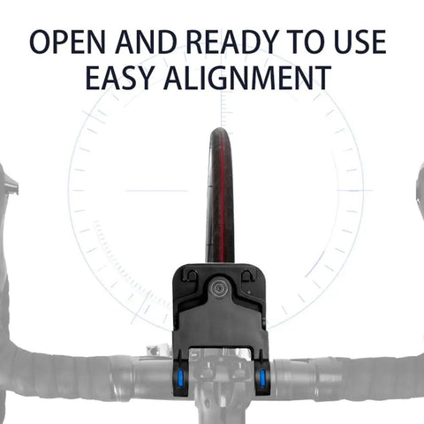 Badass Bicycle Laser Calibrator And Saddle Positioner Bike Tool with easy alignment on bike handlebars, showing tire and level indicator.