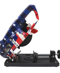 6 Inch Chop Saw Cut Off Saw with 610W Motor, 8000 RPM, compact design, side view, American flag design, metal cutting tool
