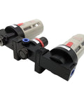 Three Unit FRL Air Treatment Setup Kit With Filters For Compressed Air Lines, filter regulator lubricator assembly shown