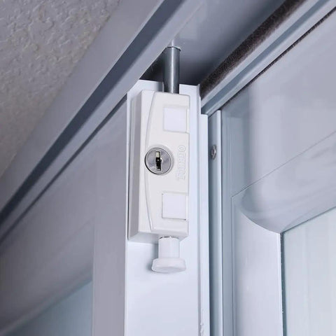White Hardened Keyed Bolt Sliding Patio Door Lock Surface Mounted For Wood And Metal Doors Heavy Duty Security with lock visible