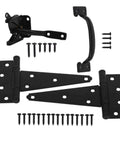 Wood Gate Hardware Set Heavy Duty 6 Inch Tee Hinge And Pull Kit with screws, black finish, for outdoor fence swing gate installation.
