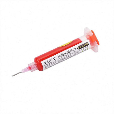 Red UV Curable Solder Mask 10cc Syringe for PCB and BGA circuit boards with push needle for precise DIY electronics assembly.