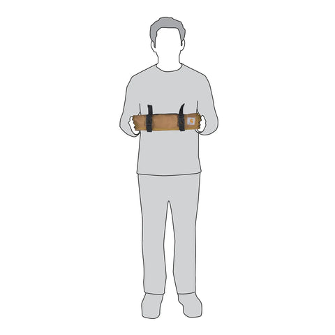 Illustration of person holding 18 Pocket Tool Roll Bag For Tools, Water Resistant And Heavy Duty Organizer, Rain Defender 600D Polyester, in Brown.
