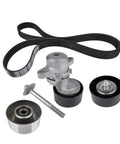Top Tier Drive Belt Tensioner Pulley Kit 11955Ja10a Replaces Your Old One For Quick Fix And Smooth Run On Any Car Or Truck That Needs A Solid Replacement Part Fast. Black serpentine belt tensioner pulley kit with idler pulleys and bolt on white background