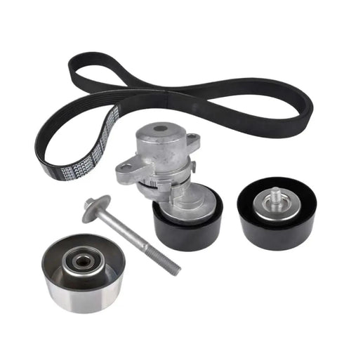 Top Tier Drive Belt Tensioner Pulley Kit 11955Ja10a Replaces Your Old One For Quick Fix And Smooth Run On Any Car Or Truck That Needs A Solid Replacement Part Fast. Black serpentine belt tensioner pulley kit with idler pulleys and bolt on white background
