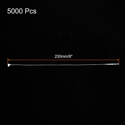 Close-up of 9-inch clear plastic security tag tie measuring 230mm, ideal for clothing and merchandise organization.