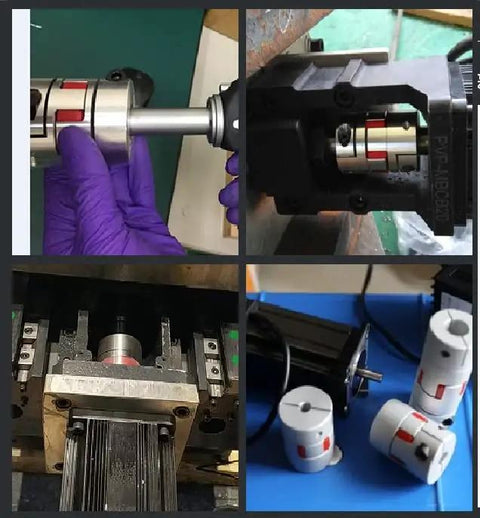 18mm To 18mm Aluminum Shaft Coupling Flexible Joint for Servo and Stepper Motors installed and in use, 66x40mm size, M6 thread.