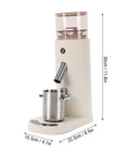 Top Shelf Electric Burr Coffee Grinder With 60 Precision Settings And 80G Single Dose Hopper Kicking Out Smooth Grinds For Espresso Drip French Press Or Cold Brew Brewing With Anti Static Design For Zero Hassle in cream color with stainless steel cup.