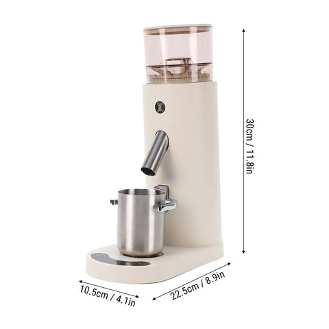 Top Shelf Electric Burr Coffee Grinder With 60 Precision Settings And 80G Single Dose Hopper Kicking Out Smooth Grinds For Espresso Drip French Press Or Cold Brew Brewing With Anti Static Design For Zero Hassle in cream color with stainless steel cup.