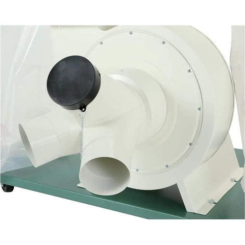 Heavy Duty 3 HP Dust Collector With Kickin Aluminum Impeller Generates 2300 CFM Shop Airflow single phase outlet view with connected hoses.