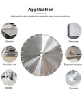 Front view of 12-inch laser-welded segmented diamond blade for dry or wet cutting of concrete, stone, brick.