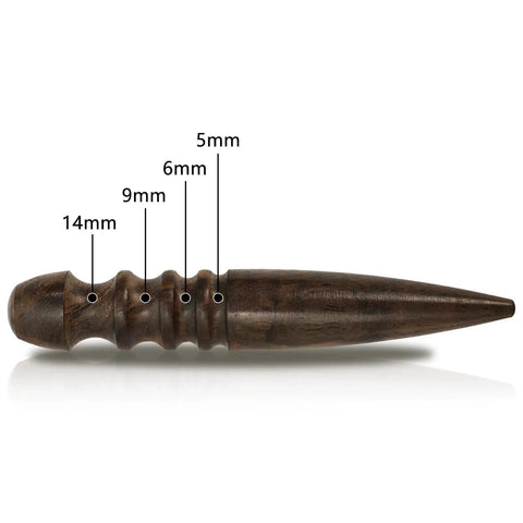 Wooden burnisher with measurements for leather crafting, part of the Six Piece Leather Edge Tool Kit for finishing edges.