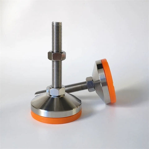 4 Pack Heavy Hitter Adjustable Leveling Feet Stainless Steel Machine Supports With M24 Threaded Studs and Thickened Base Pads for Wobbly Gear Built Like A Tank Quick Setup showing two steel pads with orange bases.