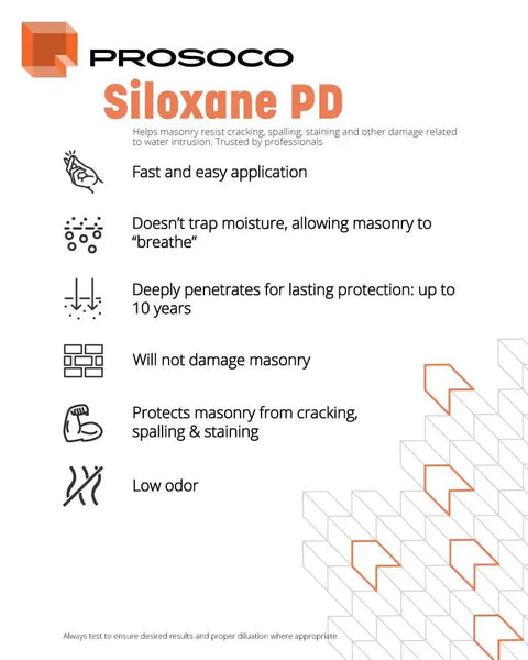 Prosoco Siloxane PD features and benefits of penetrating siloxane PD weather seal for concrete, masonry, stucco, and manufactured stone.