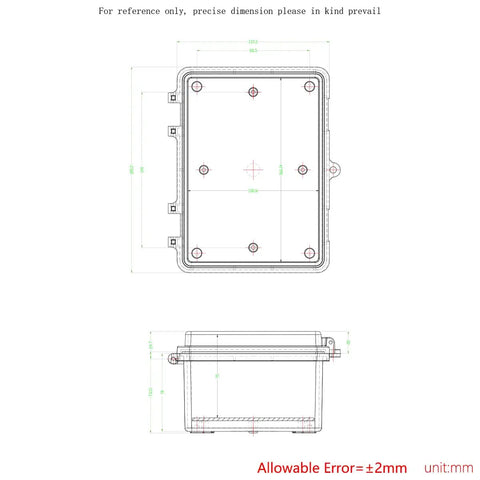 Dimensions and top view of Heavy Duty Waterproof Electrical Junction Box With Hinged Lid Rock Solid Ip67 Abs measuring 7.1x5.1 inches.