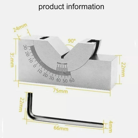 Adjustable Precision Angle Block 0-60 Degree, AP25 V-Block Gauge With Hex Wrench, Heavy Duty Steel Setting Tool dimensions and scale view.