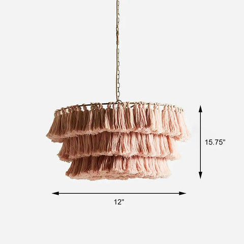 Cozy Chic Modern Tiered Pendant Light With Tassel Shade, Hand Woven Fabric Rope Hanging Lamp, Pink 12 Inch, UL Listed